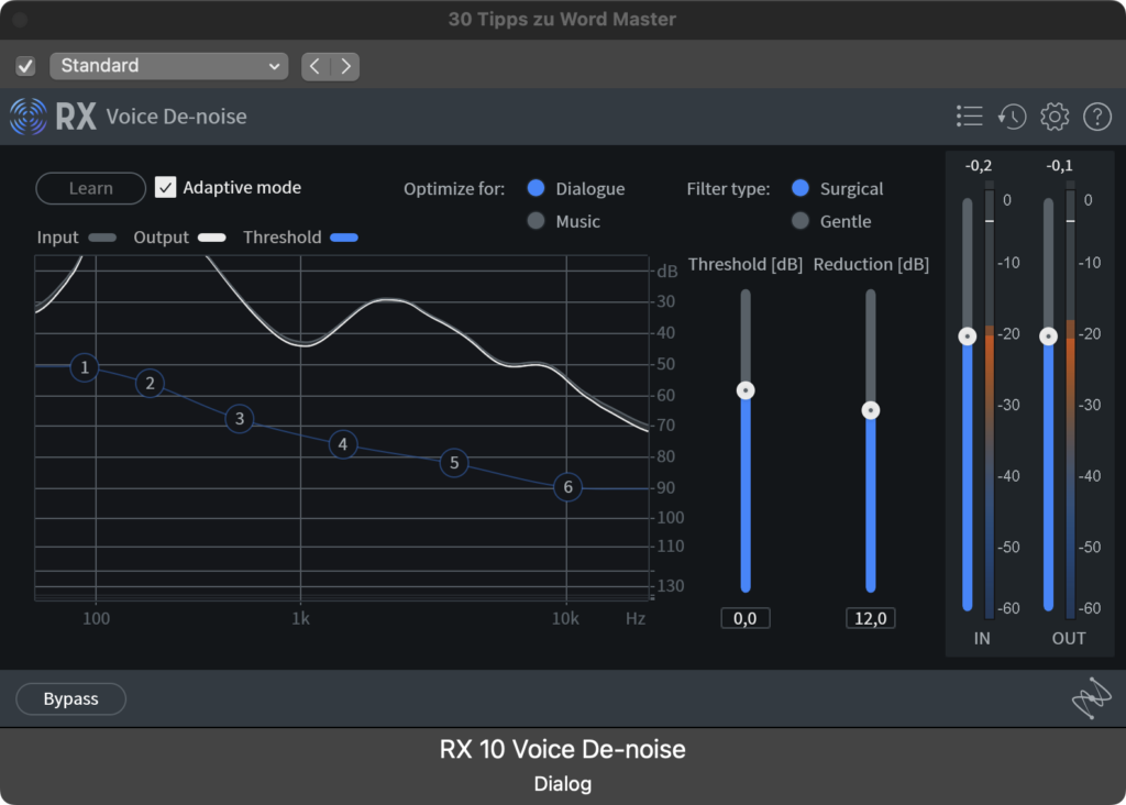 Dialog-Fenster des Plugins Izotope Denoise.