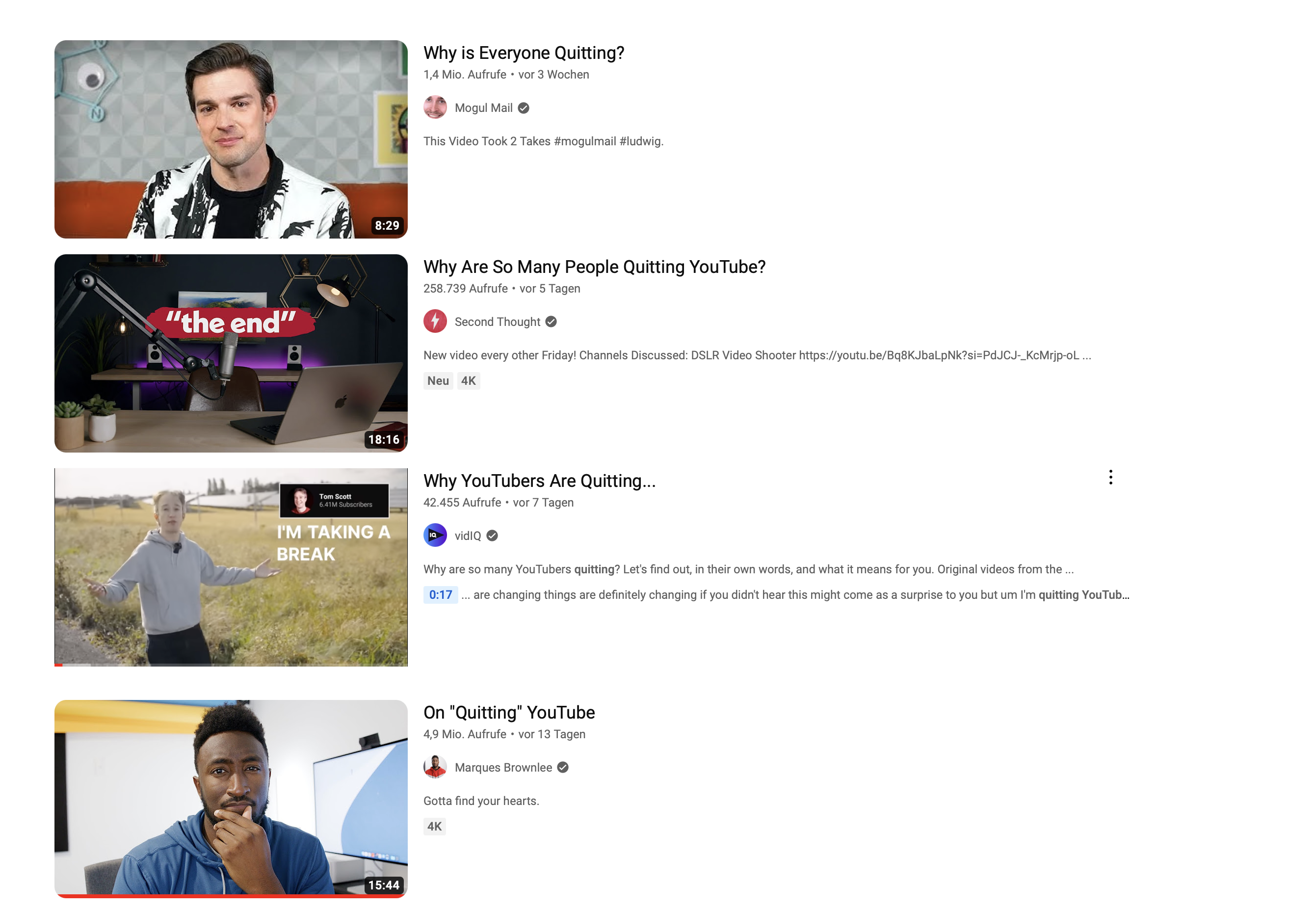 Screenshot der Youtube-Suche nach "quitting youtube"